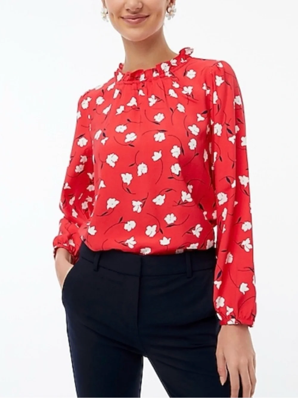 J. CREW | Red and White Floral Print Ruffle Detail Blouse Top Sz. Medium Preppy